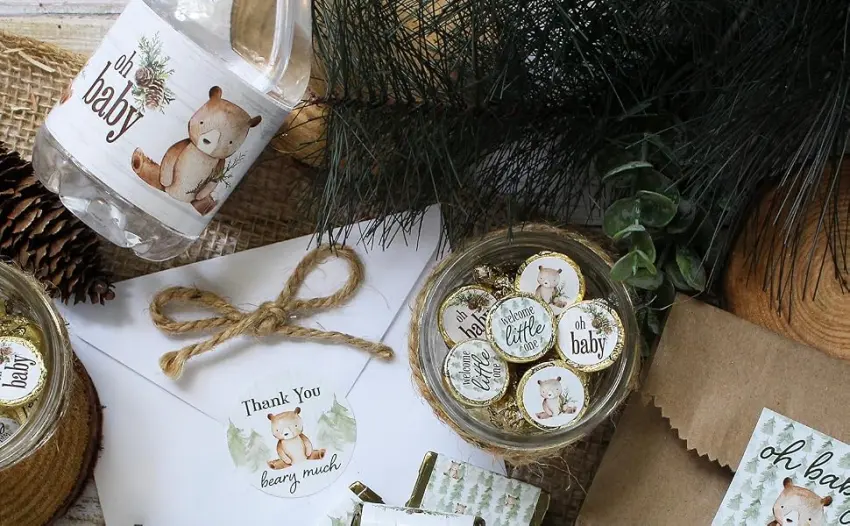 Woodland Bear Baby Shower Water Bottle Labels - Brown Bear Waterproof Wrappers - 24 Stickers - bear