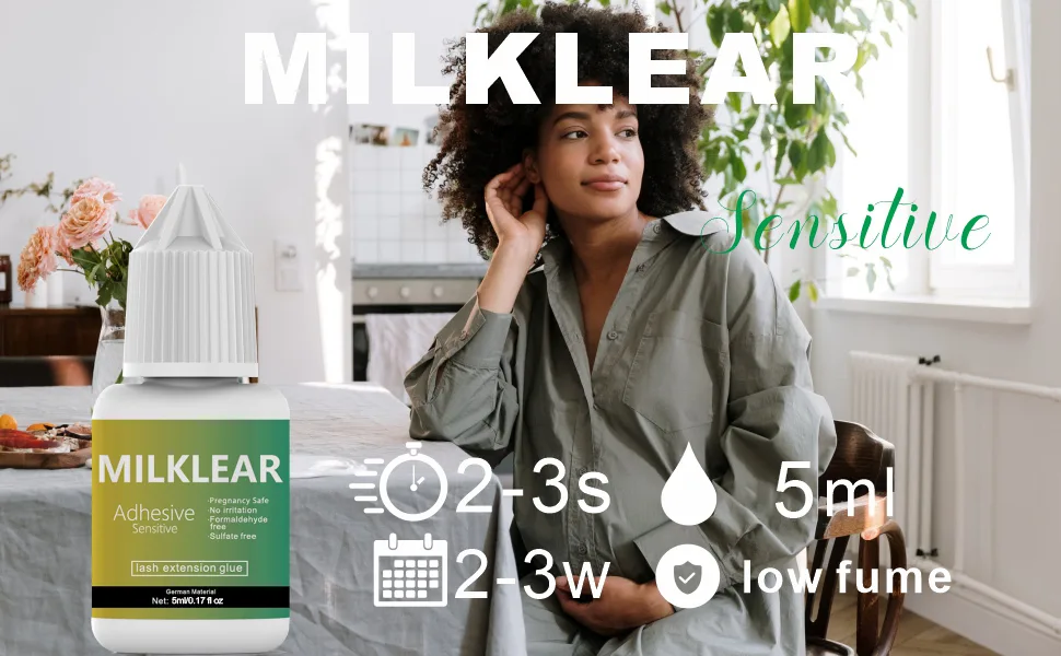 MILKLEAR Eyelash Extension Glue for Sensitive Eyes Lash Glue for Eyelash Extensions at Home Low Fume No Irritation Lasting 2-3 Weeks Black Adhesive for Self Application or Professional Use - sensitive eyelash extension glue