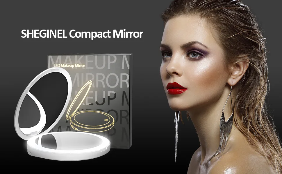 SHEGINEL 1X/5X Compact Mirror with Light  LED Compact Mirror Rechargeable  LED Lighted Travel Makeup Mirror  Handheld  Double Sided  Dimmable  Light Up Pocket Mirror for Travel  Handbag (3.5 Inch) White - hand held mirror personal mirrors led travel mirror purse mirror small mirror for purse