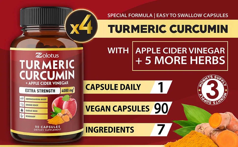 7 in 1 Turmeric Curcumin + Apple Cider Vinegar Capsules  Equivalent to 4080mg  3 Month Supply with Ashwagandha  Ginger  Garlic Bulb  95% Standardized Curcuminoids  Joint & Absorption Support - turmeric curcumin 95% Standardized Curcuminoids and Apple Cider Vinegar Capsules