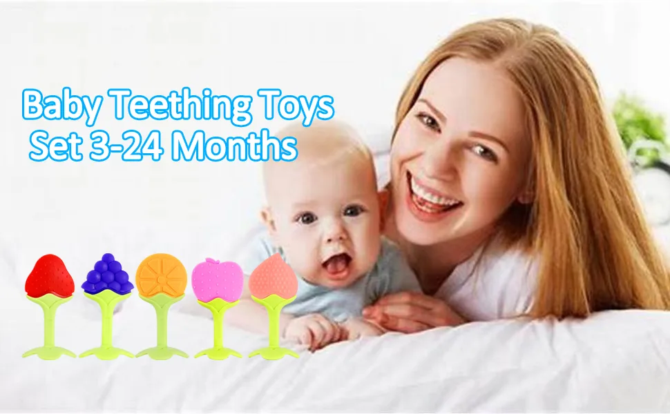 TEKSTAR Baby Teething Toys Silicone Fruit Shape Teethers  Freezer Safe BPA Free  Soothe Babies Gums Set for Infant and Toddler - product information 1