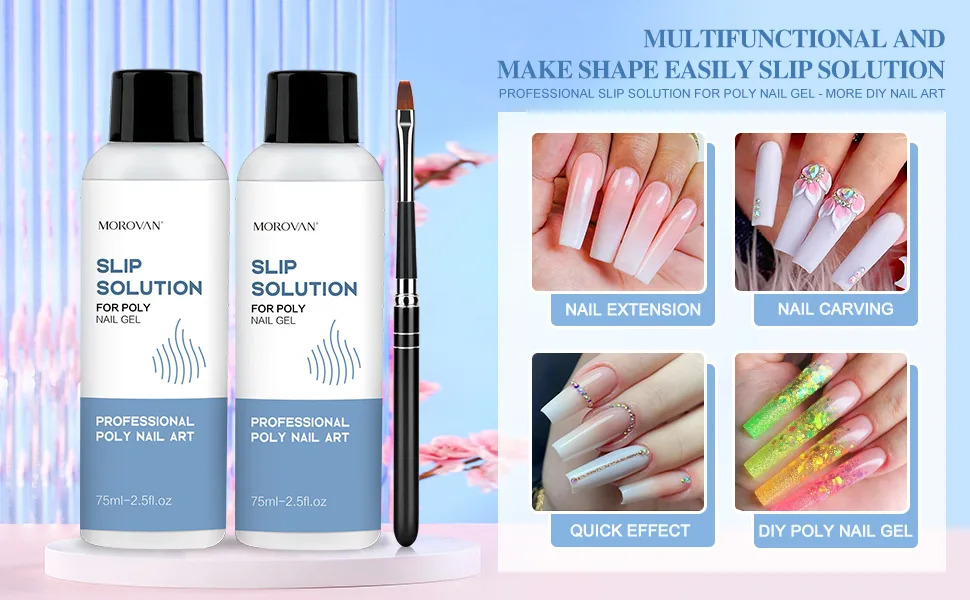 Morovan Poly Gel Slip Solution 150ml Poly Nail Gel Liquid Slip Solution with Brush Extension Nail Liquid Slip Solution Bottle Cap as A Cup Poly Gel Solution Liquid Easy DIY Gel Solution at Home - Nail Extension Gel Slip Solution