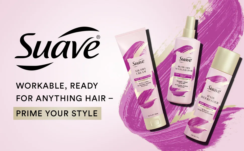 Suave Pink Blow Dry Accelerator Hair Heat Protector Heat Protecting Spray Heat Protectant Spray and Detangler 6 oz - WORKABLE, READY FOR ANYTHING HAIR - PRIME YOUR STYLE