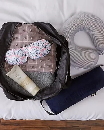 Bucky 40 Blinks No Pressure Solid Eye Mask for Sleep & Travel  Green  One Size - suitcase showing 40 blinks eye mask and other travel accessories