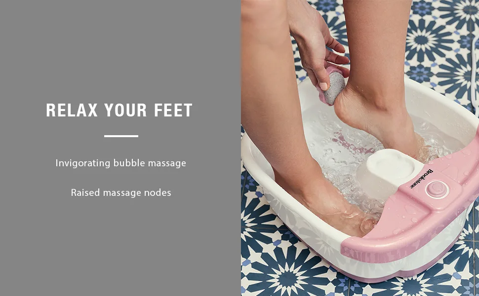 Brookstone Hydro Bubble Foot Spa  Invigorating Bubble Massage  Raised Massage Nodes  Toe-Touch Controls  Splash Guard  Heat Maintenance  Tub Maintains Warmth  Exfoliating Pumice Stone  At-Home Spa - Hydro Bubble Foot Spa, Invigorating Bubble Massage