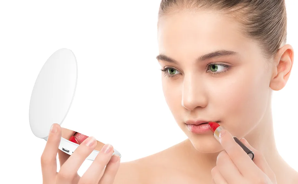 SHEGINEL Rechargeable Compact Mirror with Light - Small Mirror for Purse with Bright Lights and Carrying Pouch - Perfect Travel Mirror for On-The-Go Touch-Ups - LED make up mirror