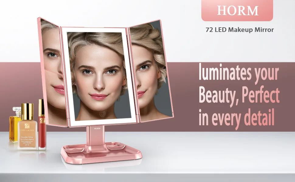 Makeup Mirror Trifold Mirror with Lights - 3 Color Lighting Modes 72 LED Vanity Mirror  1x/2x/3x Magnification  Touch Control Design  Portable High Definition Cosmetic Lighted Up Mirror Pale Pink - product information 1