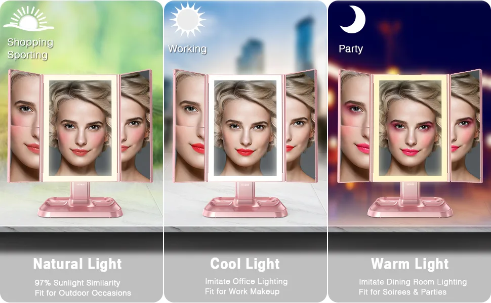 Makeup Mirror Trifold Mirror with Lights - 3 Color Lighting Modes 72 LED Vanity Mirror  1x/2x/3x Magnification  Touch Control Design  Portable High Definition Cosmetic Lighted Up Mirror Pale Pink - product information 2