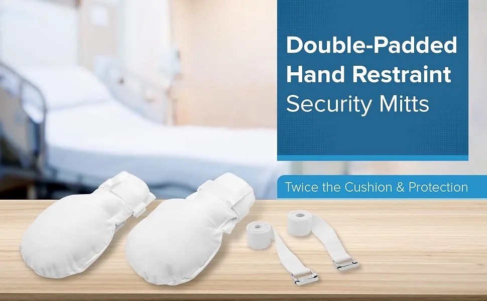 Medical Double Security Mitts - One Size Fits All Hand Restraint Gloves for Elderly & Medical Procedures -Made With Extra Padding for Comfort & Protection - Includes Bed Restraints - 2 Gloves - Double-Padded Hand Restraint Security Mitts Twice the Cushion & Protection