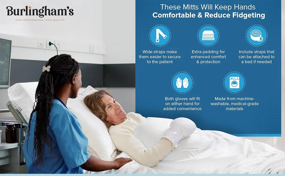 Medical Double Security Mitts - One Size Fits All Hand Restraint Gloves for Elderly & Medical Procedures -Made With Extra Padding for Comfort & Protection - Includes Bed Restraints - 2 Gloves - These Mitts Will Keep Hands Comfortable & Reduce Fidgeting
