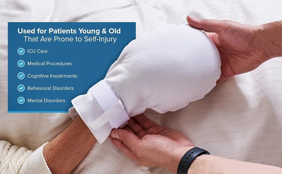 Medical Double Security Mitts - One Size Fits All Hand Restraint Gloves for Elderly & Medical Procedures -Made With Extra Padding for Comfort & Protection - Includes Bed Restraints - 2 Gloves - Used for Patients Young & Old That Are Prone to Self-Injury
