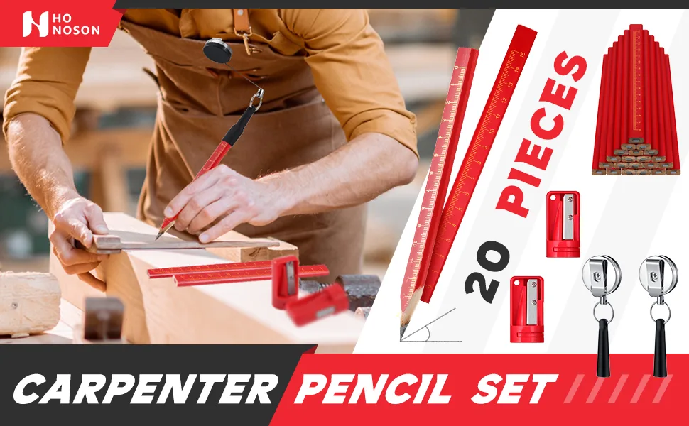 20 Pieces Carpenter Pencils Flat Pencils 2 Pieces Retractable Carpenter Pencil Holders 2 Pieces Carpenter Pencil Sharpeners Carpenter Pencils Cutter Marking Tool Set (Black Refill) - product information 1