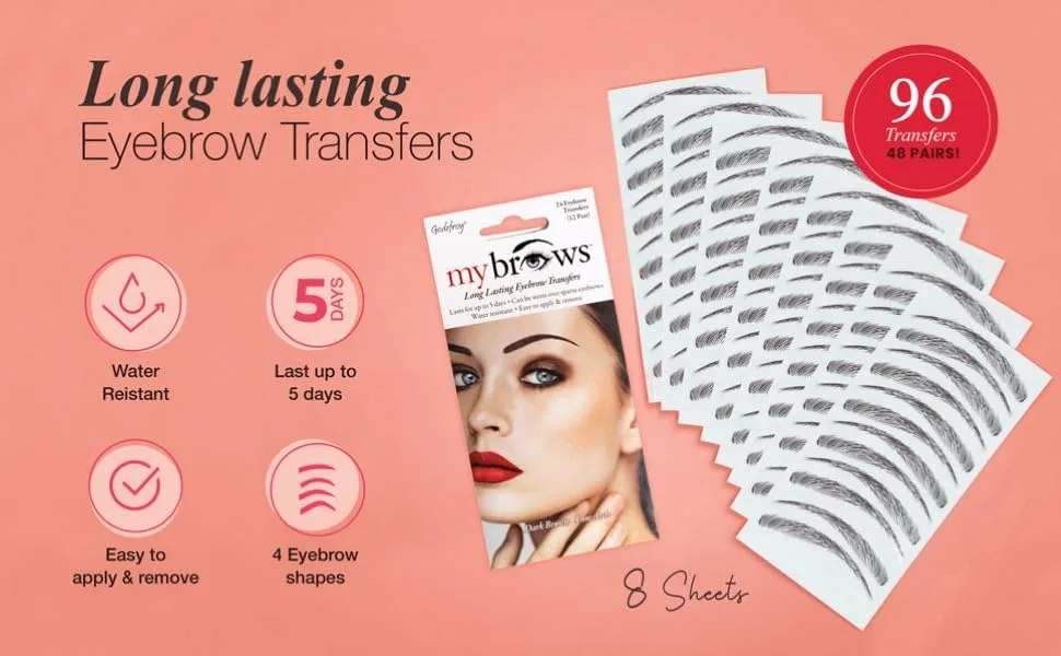 Godefroy MyBrows Long Lasting Eyebrow Transfers  Medium Arch  Dark Brown  48-Pairs of Brows (96 Individual transfers) - brows eyebrows temporary stamp tattoo transfers salong women cancer chemo mascara women makeup lash