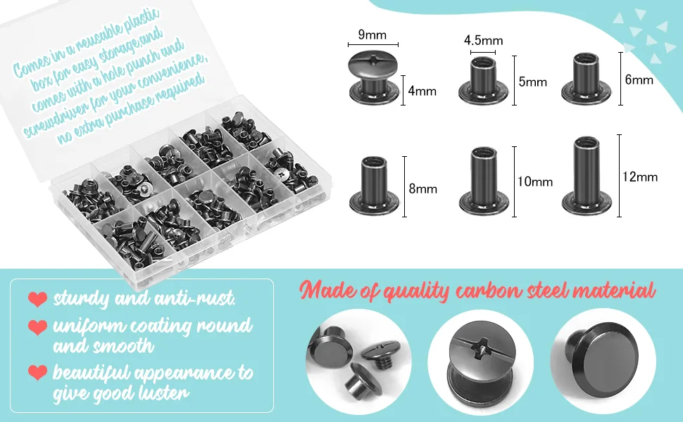 MIGSONDE 120 Sets Chicago Screws Assorted Kit  M5 Binding Screws Assembly Bolt Nail Rivet Button DIY Leather Decoration Book Binding Craft Round Flat Head Stud Screw (4/5/6/8/10/12MM X 20 Pcs) Black - chicago screws black chicago screws brass chicago screws 4mm screw post metal belt rivets