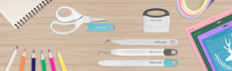 REALIKE Craft Weeding Tools for Vinyl Cardstock Crafting Basic Set Scraper/Spatula/Scissors/Tweezers Tool Kit for Cricut/Silhouette/Siser HTV/Oracal Vinyl Blue 5 Tools - product information 1