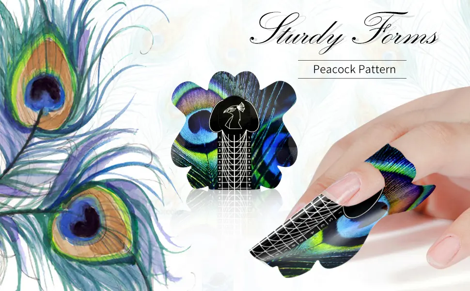 100pcs Pro Almond Stiletto Tips Nail Form Leopard Tiger Giraffe Pattern Sturdy Forms for C Curve Acrylic UV Gel Nails Builder False Nail Extension Nail Art Tool Guide Stickers (NTF065-Peacock Pattern) - nail form forms acrylic nails gel sticker builder c curve extension long extra tips guide