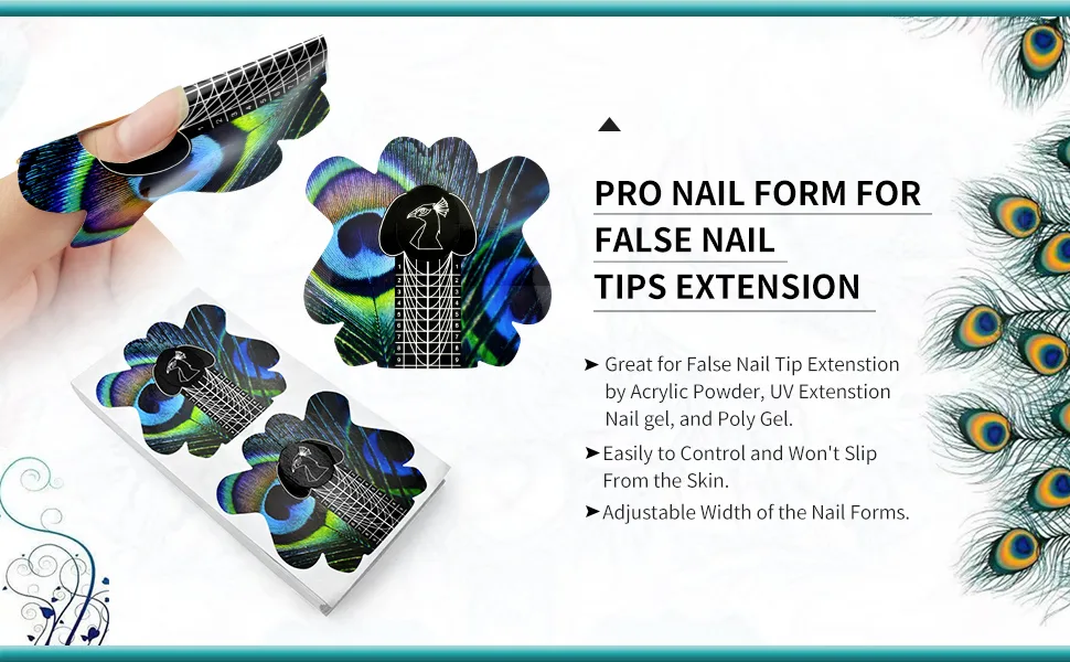 100pcs Pro Almond Stiletto Tips Nail Form Leopard Tiger Giraffe Pattern Sturdy Forms for C Curve Acrylic UV Gel Nails Builder False Nail Extension Nail Art Tool Guide Stickers (NTF065-Peacock Pattern) - nail form forms acrylic nails gel sticker builder c curve extension long extra tips guide