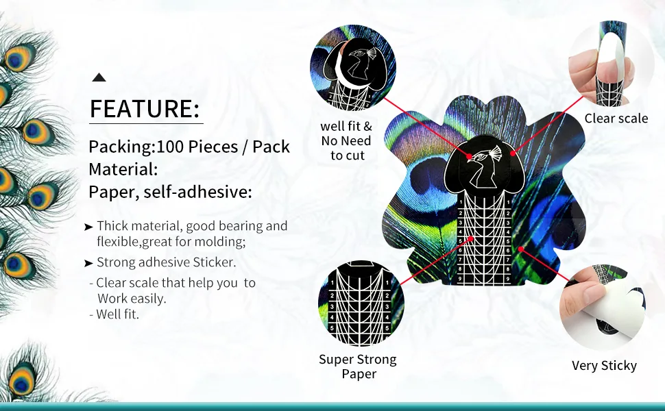 100pcs Pro Almond Stiletto Tips Nail Form Leopard Tiger Giraffe Pattern Sturdy Forms for C Curve Acrylic UV Gel Nails Builder False Nail Extension Nail Art Tool Guide Stickers (NTF065-Peacock Pattern) - nail form forms acrylic nails gel sticker builder c curve extension long extra tips guide