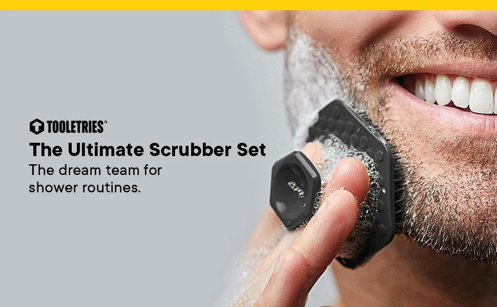 Tooletries - The Ultimate Scrubber Set - with 2X Scrubbers & Holders - Silicone Toiletry Organizer  Shower & Bathroom Accessory - Features Silicone-Grip Technology  Removable & Reusable - Charcoal - The Ultimate Scrubber Set
