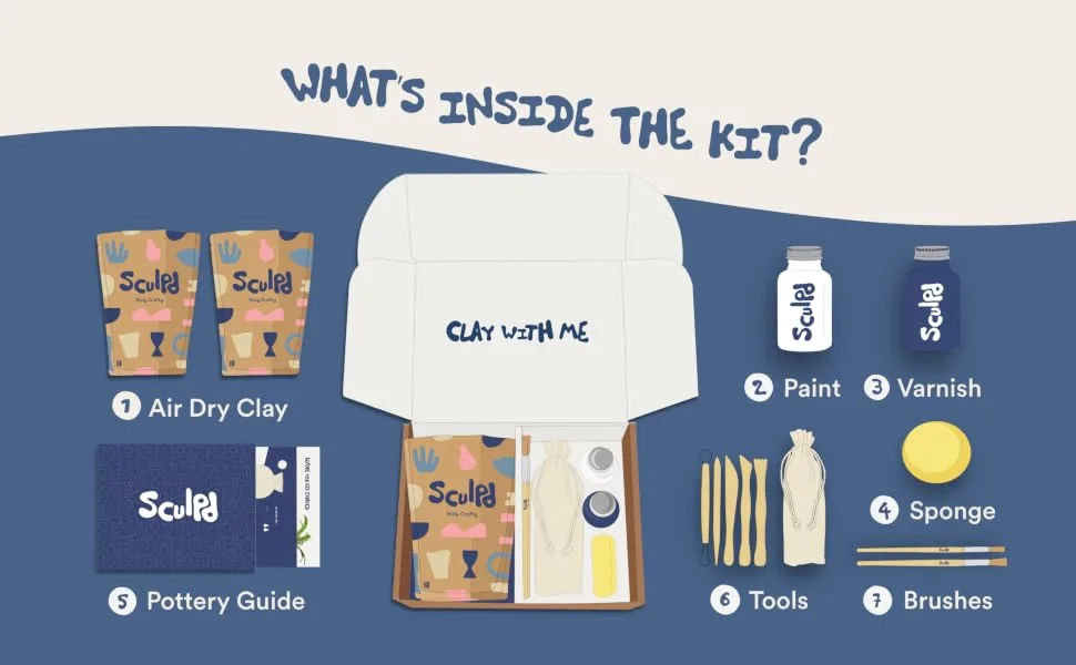 SCULPD Pottery Kit  Air-Dry Clay Starter Kit for Beginners with Gloss Varnish  Paint  Tools and Guide - What