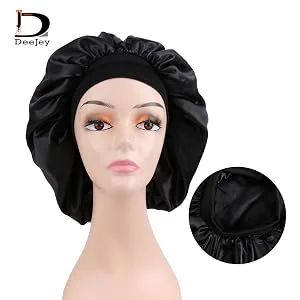 AllMatchWigs Double Layer Black Satin Bonnets with Elastic Band Lined Hair Sleep caps and Shower caps Adult Size - band bonnet