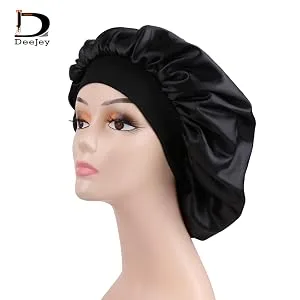 AllMatchWigs Double Layer Black Satin Bonnets with Elastic Band Lined Hair Sleep caps and Shower caps Adult Size - band bonnet