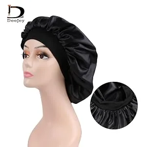 AllMatchWigs Double Layer Black Satin Bonnets with Elastic Band Lined Hair Sleep caps and Shower caps Adult Size - band bonnet