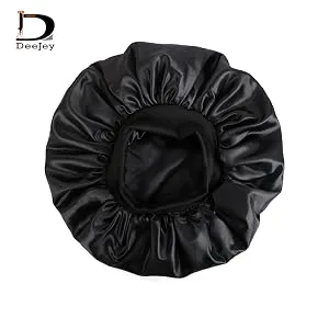 AllMatchWigs Double Layer Black Satin Bonnets with Elastic Band Lined Hair Sleep caps and Shower caps Adult Size - band bonnet