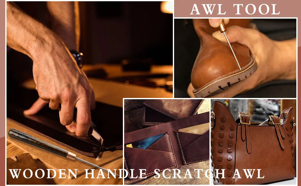 Awl Tool  2 PCS Wooden Handle Scratch Awl for Leather Hole Punch Awl Maker Tool Sewing Awl Leather Craft Repair Tools 2 PCS Wood brown - product information 3