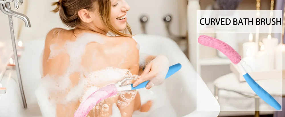 KkaFFe Long Handle Bath Brush 15.35 Anti-Slip Curve Shower Back Brush Ergonomic Streamlined Back Brush Scrubber  Body Brush for Showering for - long handled back scrubbing brush back body brush long handled sponge long handled massage brush