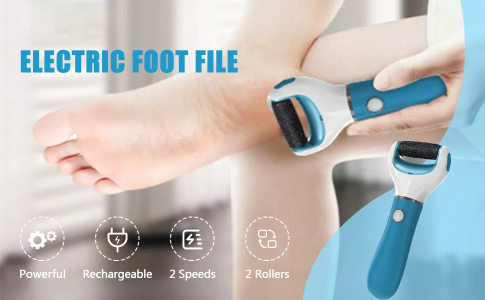 Electric Foot File Callus Remover Professional  2-Speed Rechargeable Pedicure Tool for Remove Calluses  Dry  Hard  Dead  Cracked Skin  Includes 2 Coarses (Blue) - product information 1