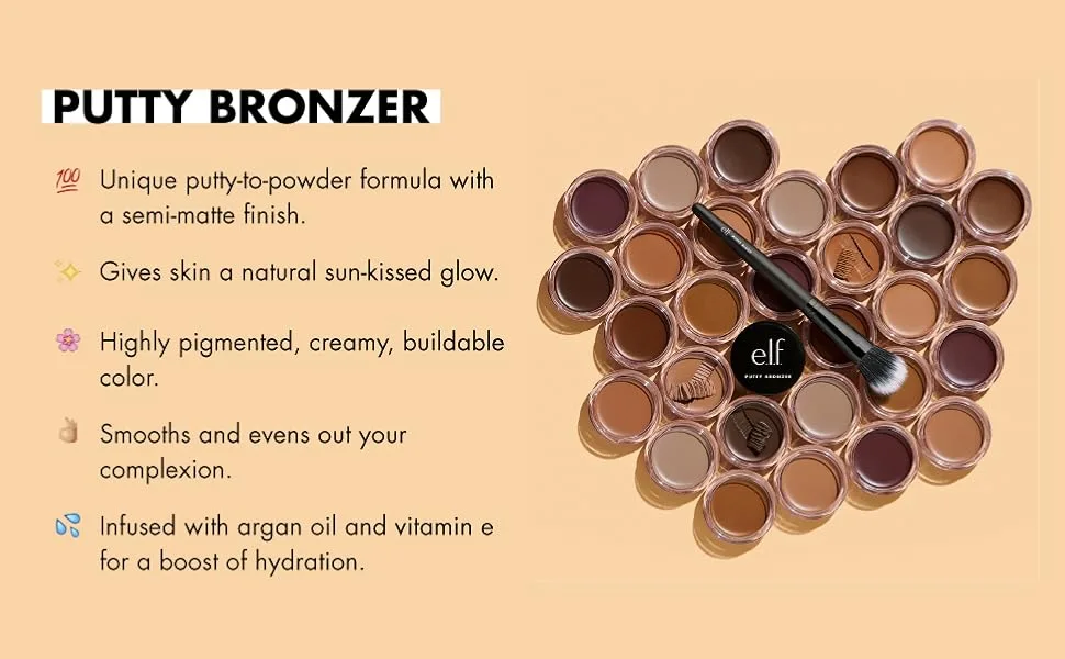 e.l.f. Putty Bronzer  Creamy & Highly Pigmented Formula  Creates a Long-Lasting Bronzed Glow  Infused with Argan Oil & Vitamin E  Beach  Please!  0.35 Oz - Putty Bronzer
