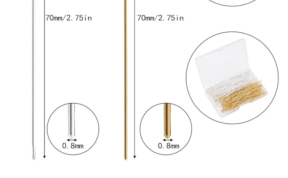 Eye Pins 70mm/2.76inch 200PCS 3 Colors 6 Styles Open Eyepins and Headpins for Jewelry Making (Head Pins  Silver Plated) Silver Plated Head Pins - Size