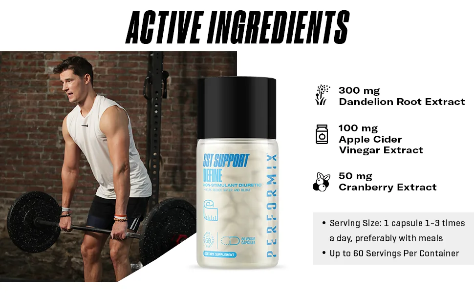 PERFORMIX SST Support Define Non-Simulant Diuretic - 60 Veggie Capsules - Reduce Water and Bloating - Support Urinary Tract Health & Full Body Cleanse with Dandelion Extract & Apple Cider Vinegar - SST SUPPORT DEFINE