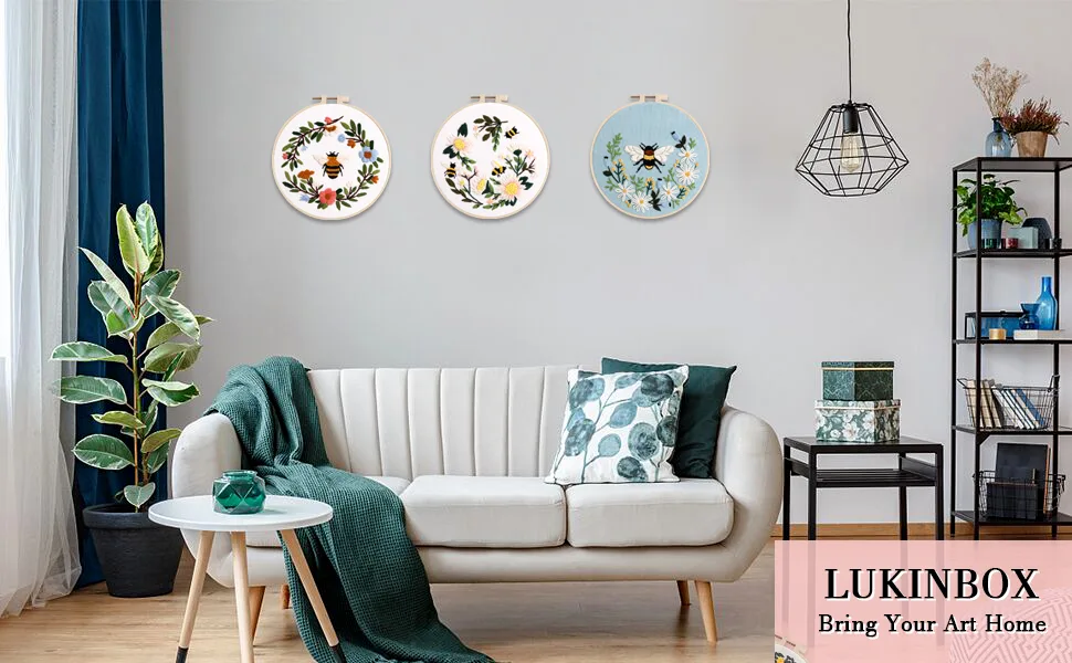 Lukinbox Embroidery Starter Kit for Beginners  3 Sets Cross Stitch Kits for Adults  Include Embroidery Clothes with Cute Bees and Flowers Patterns  Embroidery Hoop  Threads  Needles and Instruction - product information 1