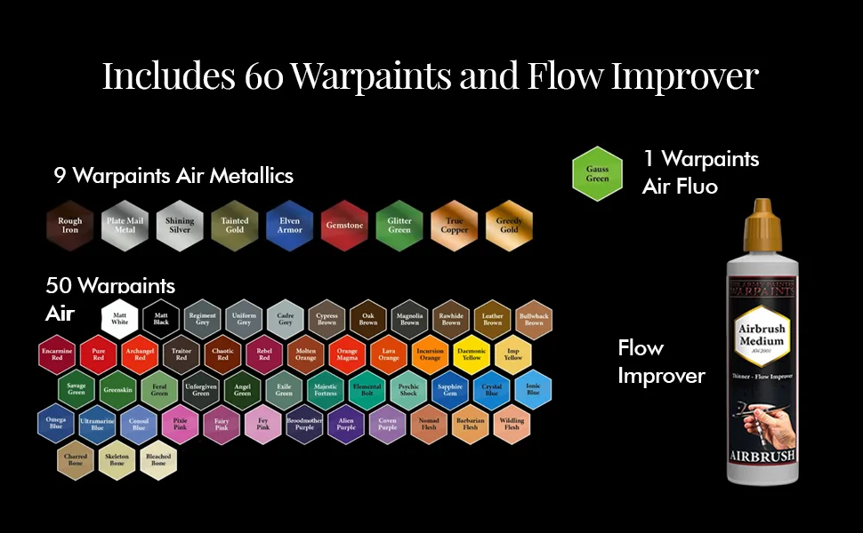 The Army Painter - Warpaints Airbrush Mega Paint Set & Airbrush Paint Thinner Bundle - Non-Toxic Water Based Acrylic Airbrush Paint Set  Flow Improver and Airbrush Medium for Miniature Wargaming - miniatures paint sets and model kits dnd dungeons and dragons terrain