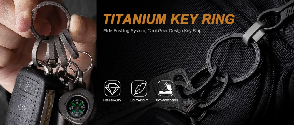 TISUR Titanium Key Ring Elegant Quick Release Side Pushing Split Rings Kit for Keychains Heavy Duty Keyring for Dog Tag Black  22mmx5 - TISUR Titanium Side-Pushing Key Rings