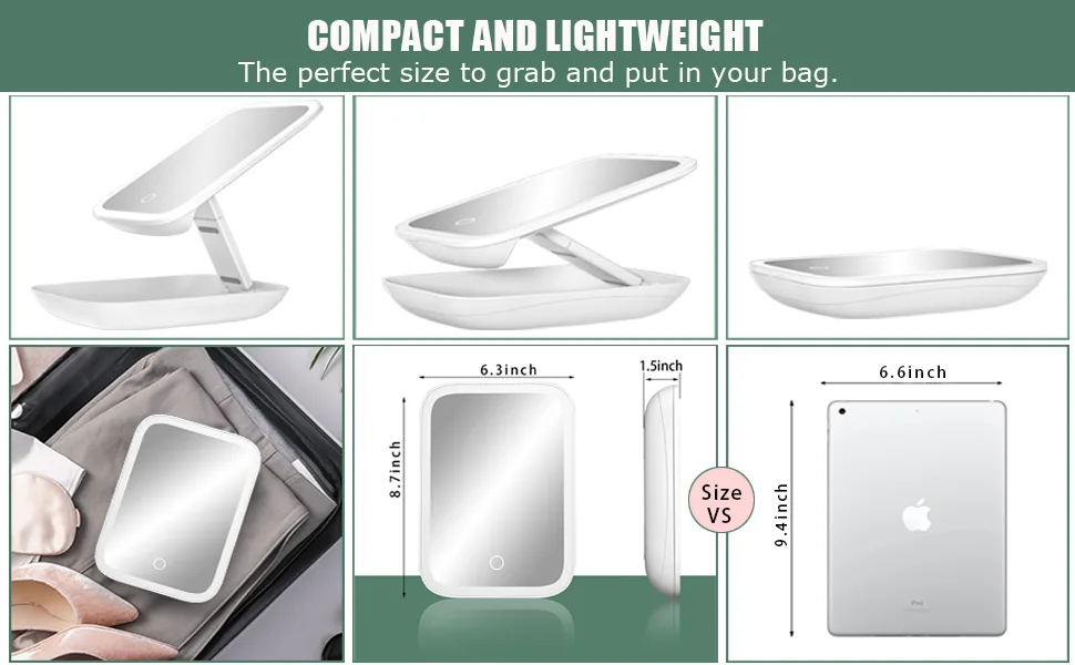 GonaFit Rechargeable Makeup Mirror with Lights - Foldable Travel Makeup Mirror - Touch Screen 3 Colors Dimmable LED Makeup Mirror - Portable Lighted Vanity Mirror - Cosmetic Mirror with Stand - large travel makeup mirror