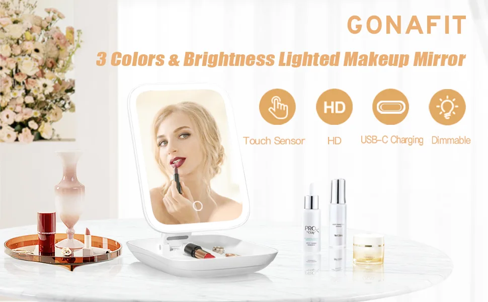GonaFit Rechargeable Makeup Mirror with Lights - Foldable Travel Makeup Mirror - Touch Screen 3 Colors Dimmable LED Makeup Mirror - Portable Lighted Vanity Mirror - Cosmetic Mirror with Stand - makeup mirror