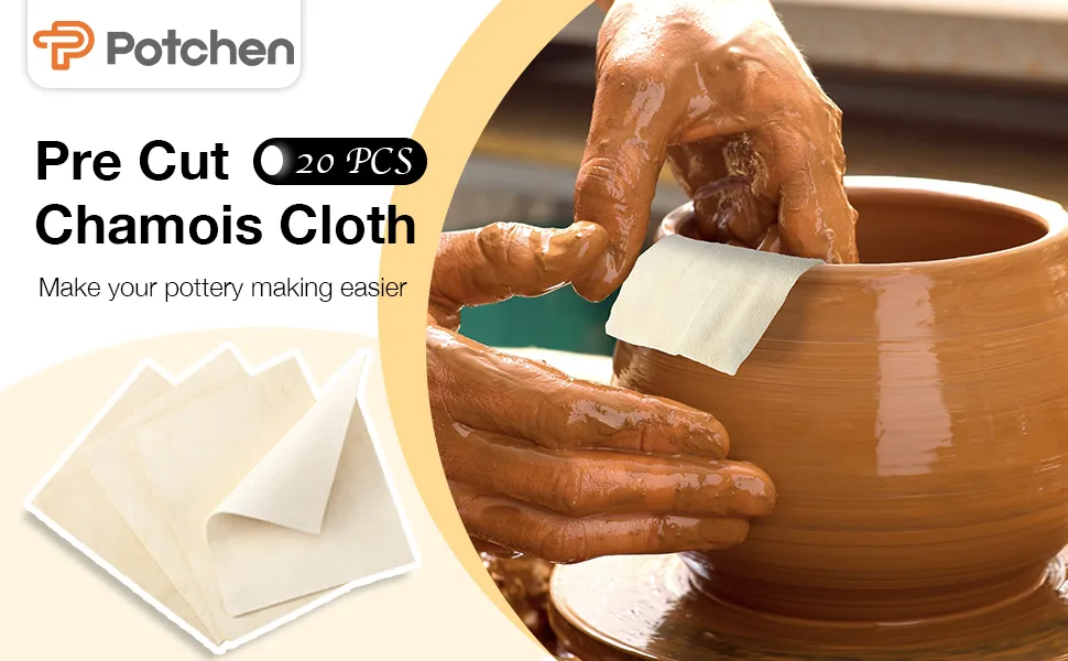 Potchen 20 Pieces Pre Cut Chamois for Smoothing Pot Rim Clay Pottery Tools Soft Cloth Leather Tool Kit Ceramic Supplies Ceramics Trimming (3 x 3.7 Inch) - 1156