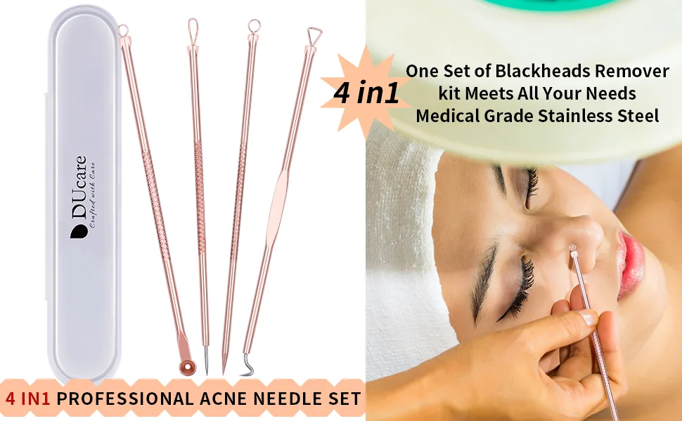 DUcare Blackhead Remover Comedone Extractor Acne Removal Kit for Blemish  4Pcs Professional Pimple Popper Tool Kit  Stainless Steel (Gold) - Blackhead Remover