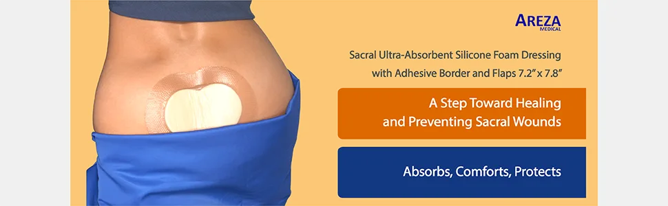 Areza Sacral Dressing 10 Per Box Ultra-Absorbent Silicone Foam with Adhesive Border and Flaps 7.2 x 7.8 Sterile 7.2 x 7.8 Inch - Areza Sacral Dressing 10 Per Box Ultra-Absorbent Silicone Foam