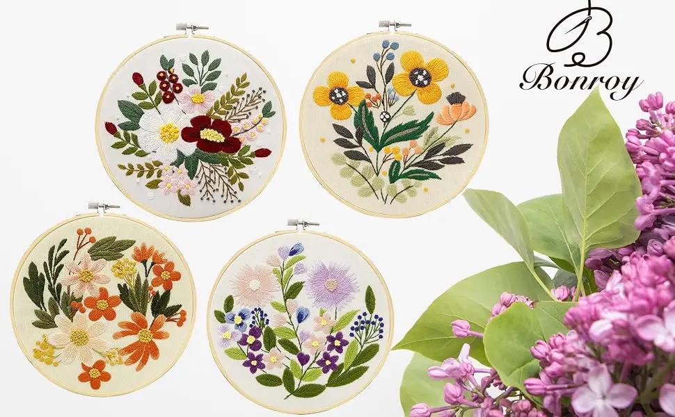 Bonroy 4 Sets Embroidery Kit for Beginners Embroidery Kit for Art Craft Handy Sewing Include Embroidery Clothes with Pattern Embroidery Hoops  Instructions Color Threads Needle Kit (Multi 1) - 4set fanhua