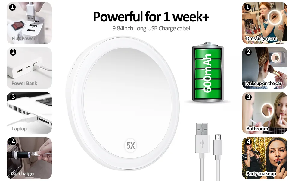 SHEGINEL 5X Magnified Makeup Mirror  Compact Mirror with LED Light 3 Color Lighting  Portable for Traveling(White) - Long battery life