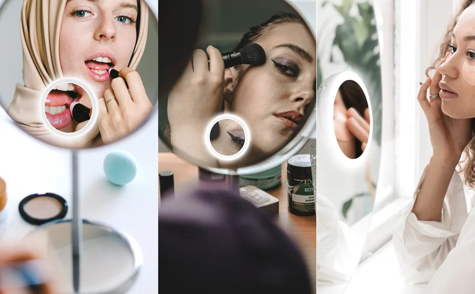 SHEGINEL 5X Magnified Makeup Mirror  Compact Mirror with LED Light 3 Color Lighting  Portable for Traveling(White) - Makeup Mirror