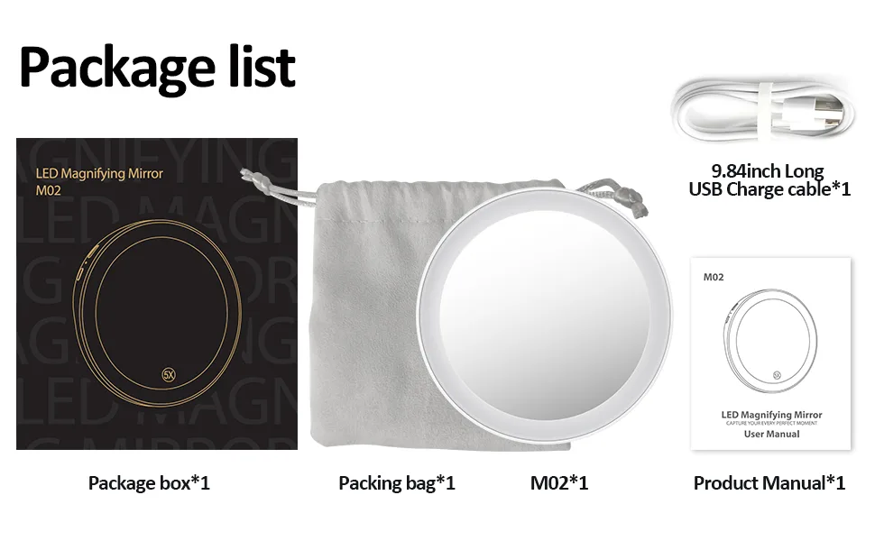 SHEGINEL 5X Magnified Makeup Mirror  Compact Mirror with LED Light 3 Color Lighting  Portable for Traveling(White) - Packing list
