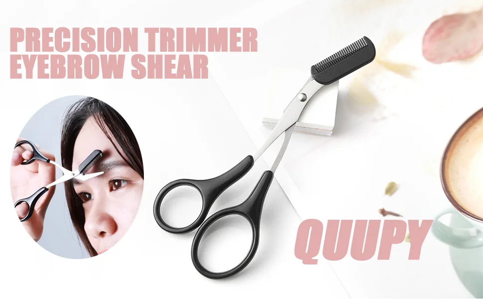 QUUPY Precision Trimmer Eyebrow Shear Scissors Beauty Eyebrow Scissors Stainless Steel Trimming Scissors Tool with Comb and Non Slip Finger Grips Black - product information 1