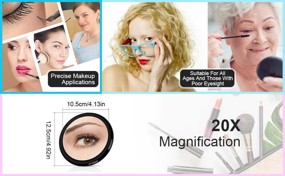 MIYADIVA 20x Magnifying Mirror with Suction Cup  Small Magnified Mirror for Precision Makeup  5 Dia  Black Black-5in - 20x magnification, precise makeup application, suitable for all ages and those with poor eyesight