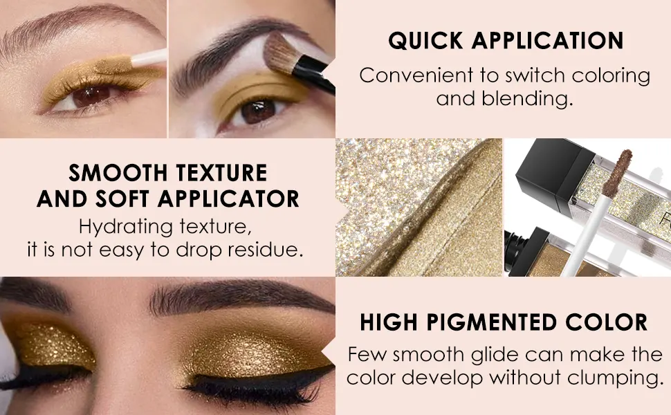 FOCALLURE 2PCS Liquid Glitter Eyeshadow Metallic Shimmer Eye Shadow Long Lasting Waterproof Eye Makeup High Pigmented Quick-Drying Sparkling Eyeshadow Highlighter Pecan - product information 22