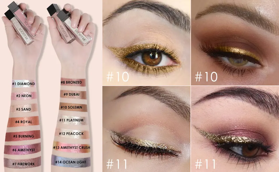 FOCALLURE 2PCS Liquid Glitter Eyeshadow Metallic Shimmer Eye Shadow Long Lasting Waterproof Eye Makeup High Pigmented Quick-Drying Sparkling Eyeshadow Highlighter Pecan - product information 23